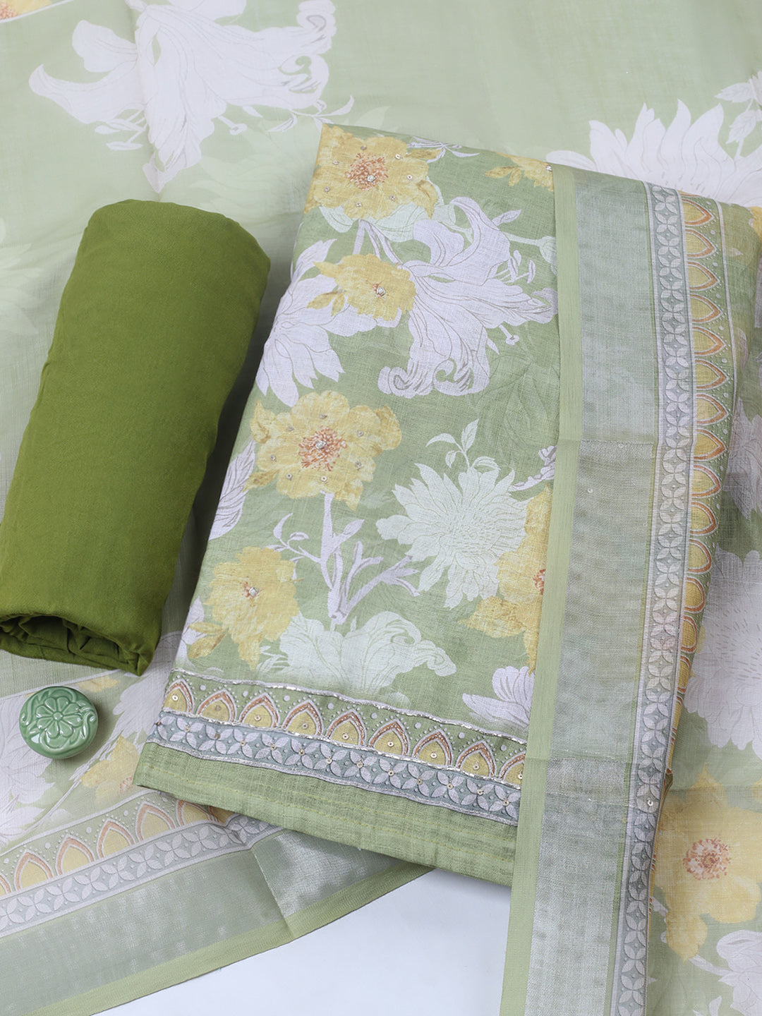 Embroidered Linen Blend Unstitched Suit With Pant &amp; Dupatta
