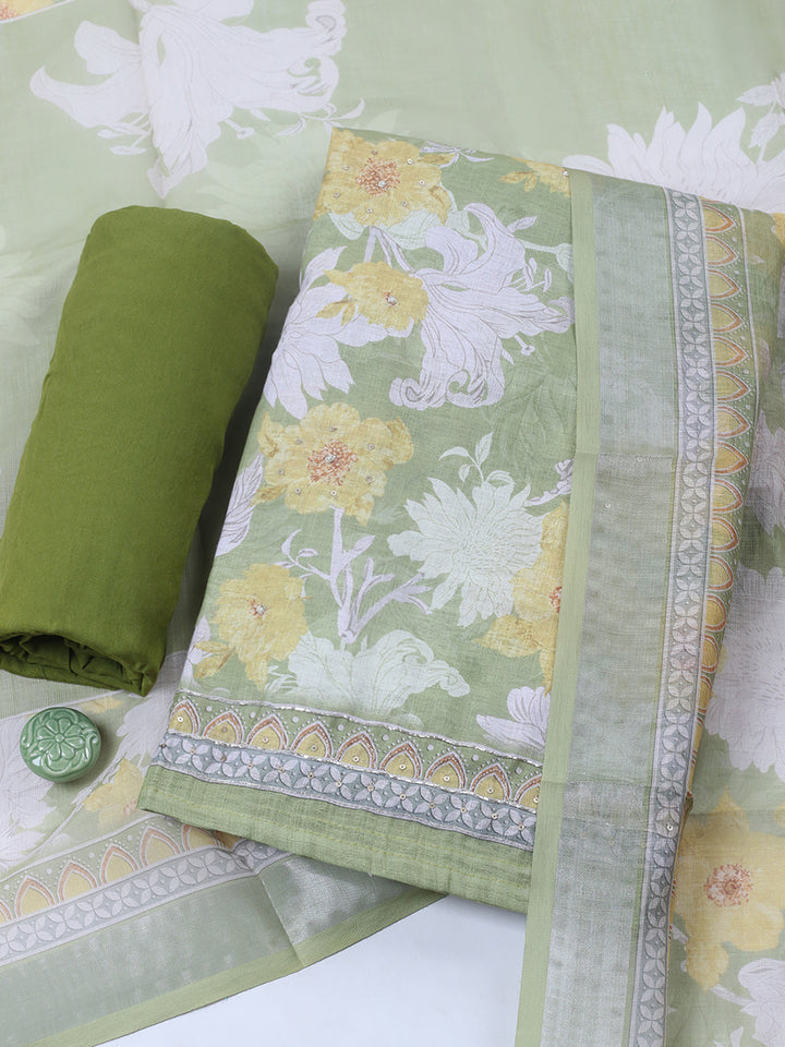 Embroidered Linen Blend Unstitched Suit With Pant &amp; Dupatta
