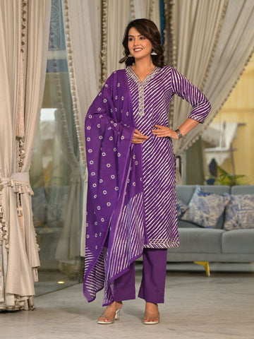 Leheriya Printed Cotton Suit Set With Dupatta