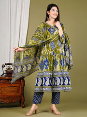 Printed Chanderi Kurta With Pants & Dupatta