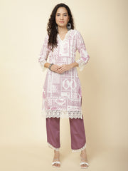 Printed & Panel Embroidery Cotton Kurta With Pants