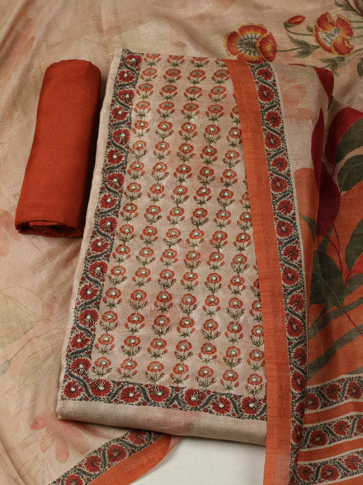 Embroidered Tussar Unstitched Suit With Pant &amp; Dupatta