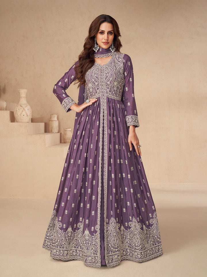 Embroidered Chinon Silk Gown With Plazzo &amp; Dupatta