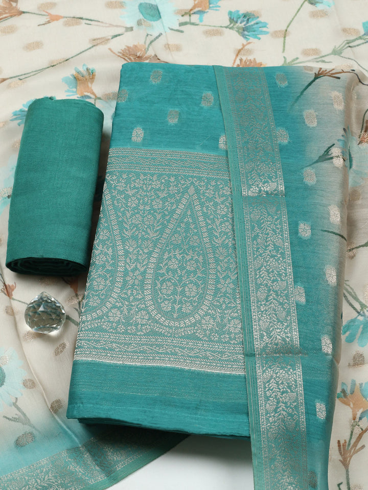 Embroidered Chanderi Unstitched Suit With Pant &amp; Dupatta