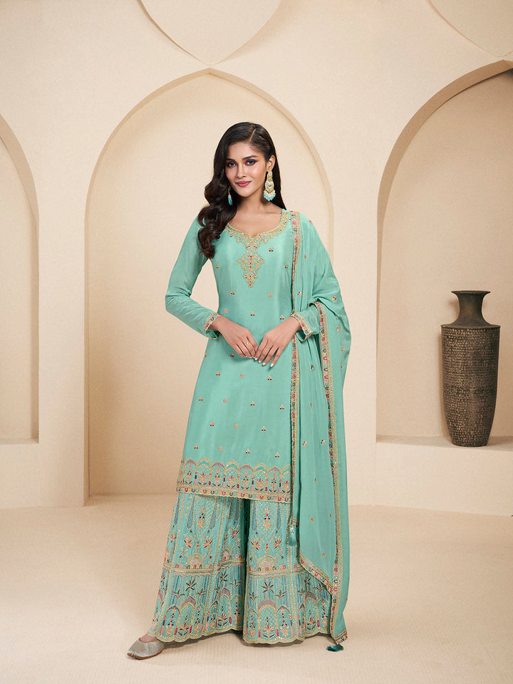 Embroidered Chinon Unstitched Suit With Pant &amp; Dupatta