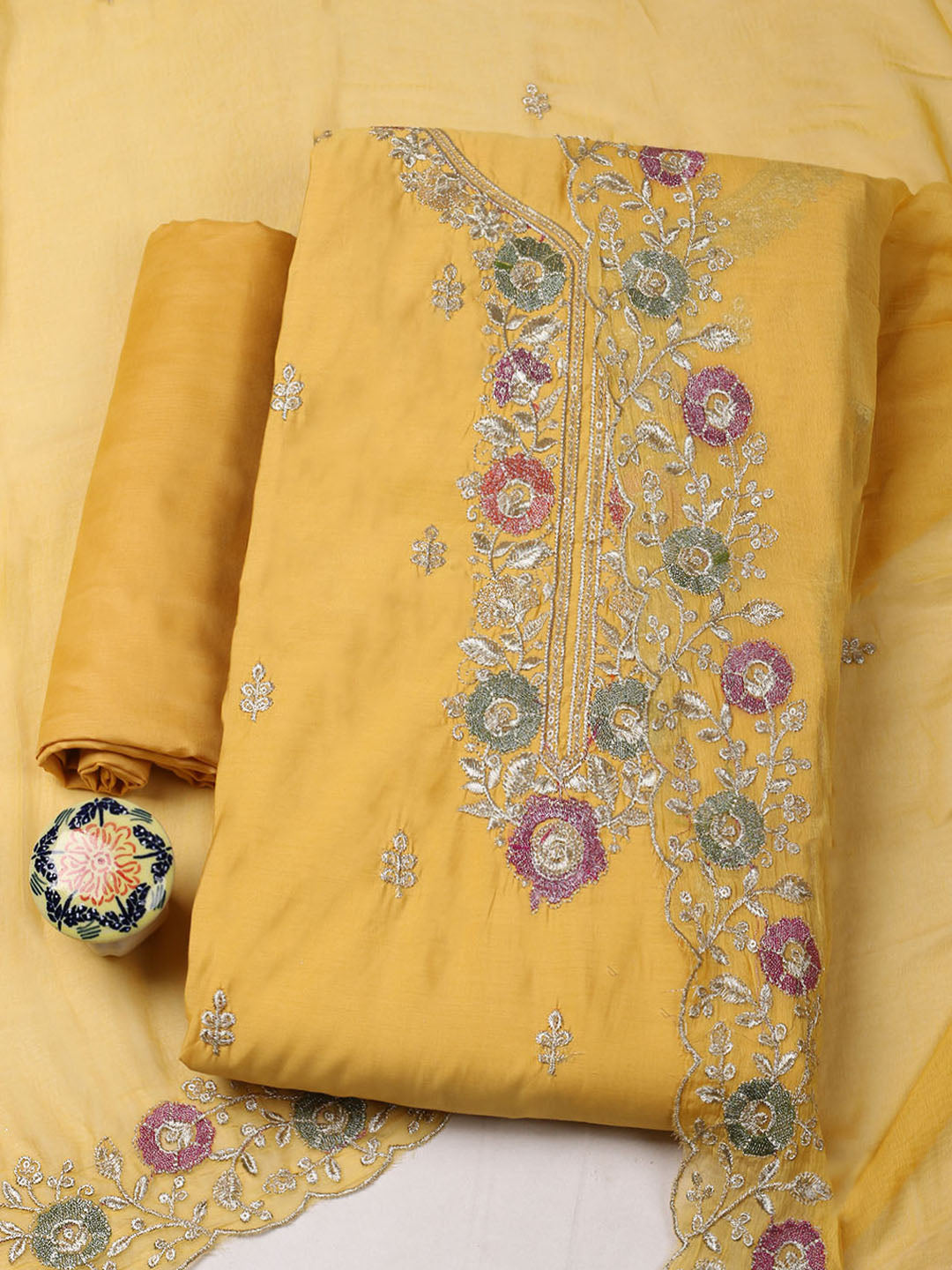 Embroidered Chanderi Unstitched Suit With Pant &amp; Dupatta