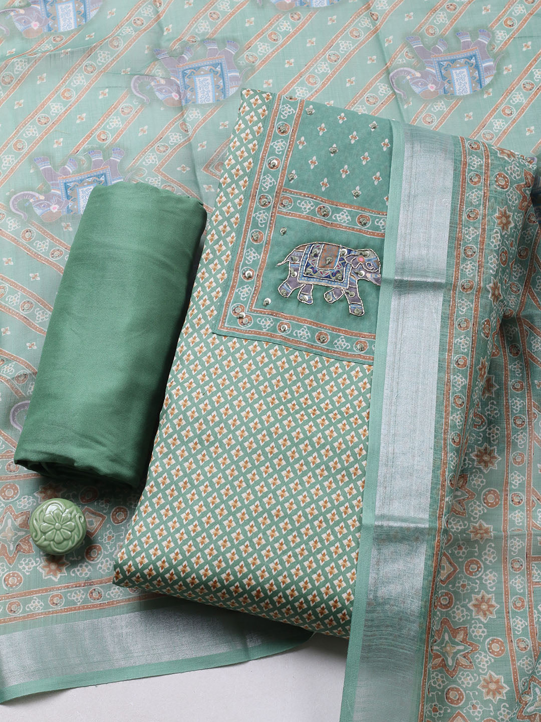 Printed Cotton Blend Unstitched Suit With Pant &amp; Dupatta