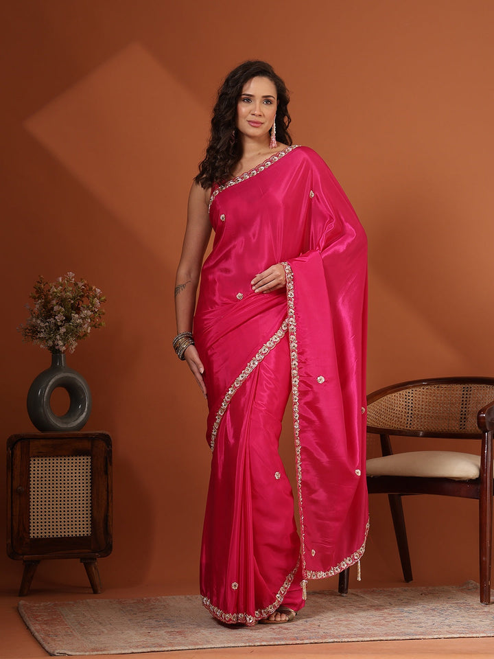 Sequin &amp; Cut Work Embroidered Crepe Saree
