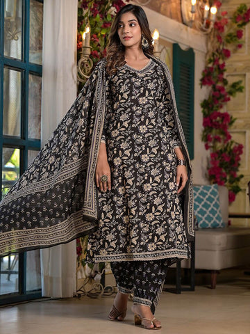 Floral Printed Cotton Kurta With Pants & Dupatta