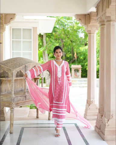 Embroidered Cotton Kurta With Pants & Dupatta