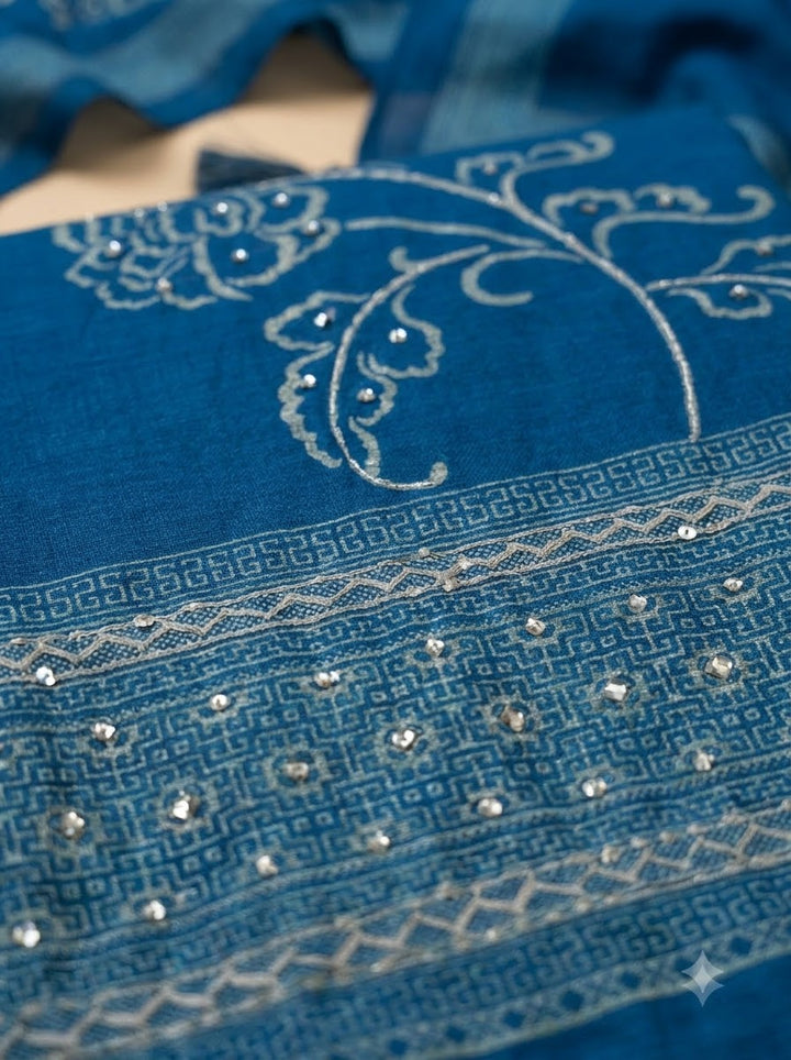 Blue Chanderi Printed Unstitched Dress Material
