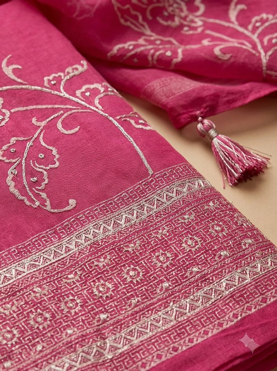 Pink Chanderi Printed Unstitched Dress Material