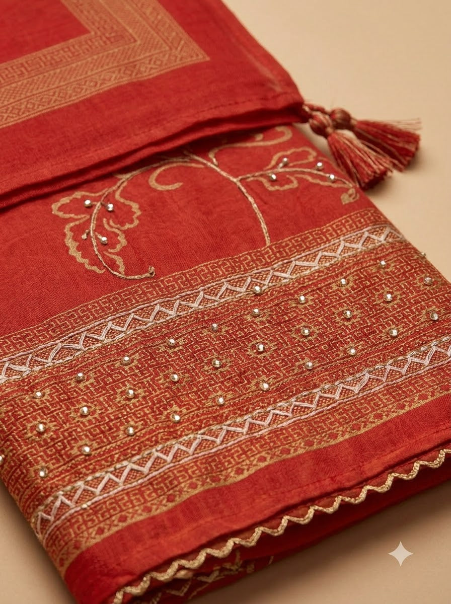 Red Chanderi Printed Unstitched Dress Material