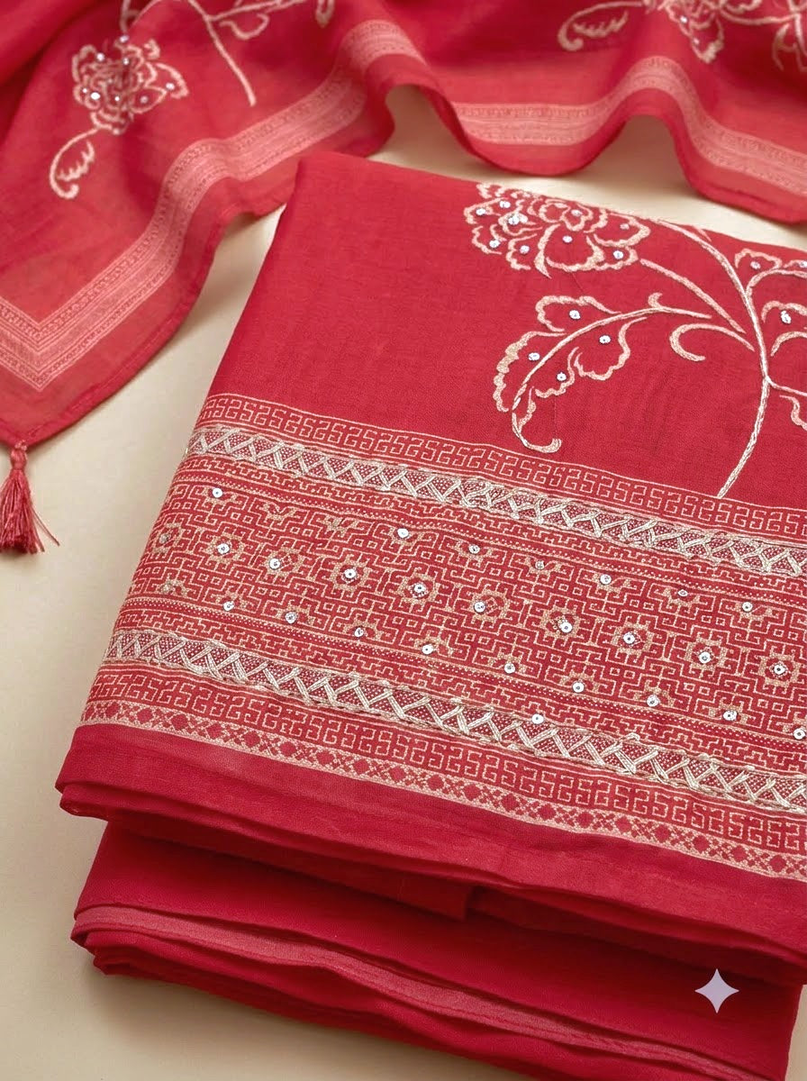 Hot Pink Chanderi Printed Unstitched Dress Material