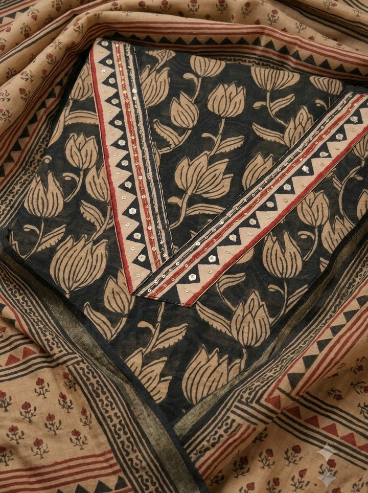 Black Chanderi Printed Unstitched Dress Material