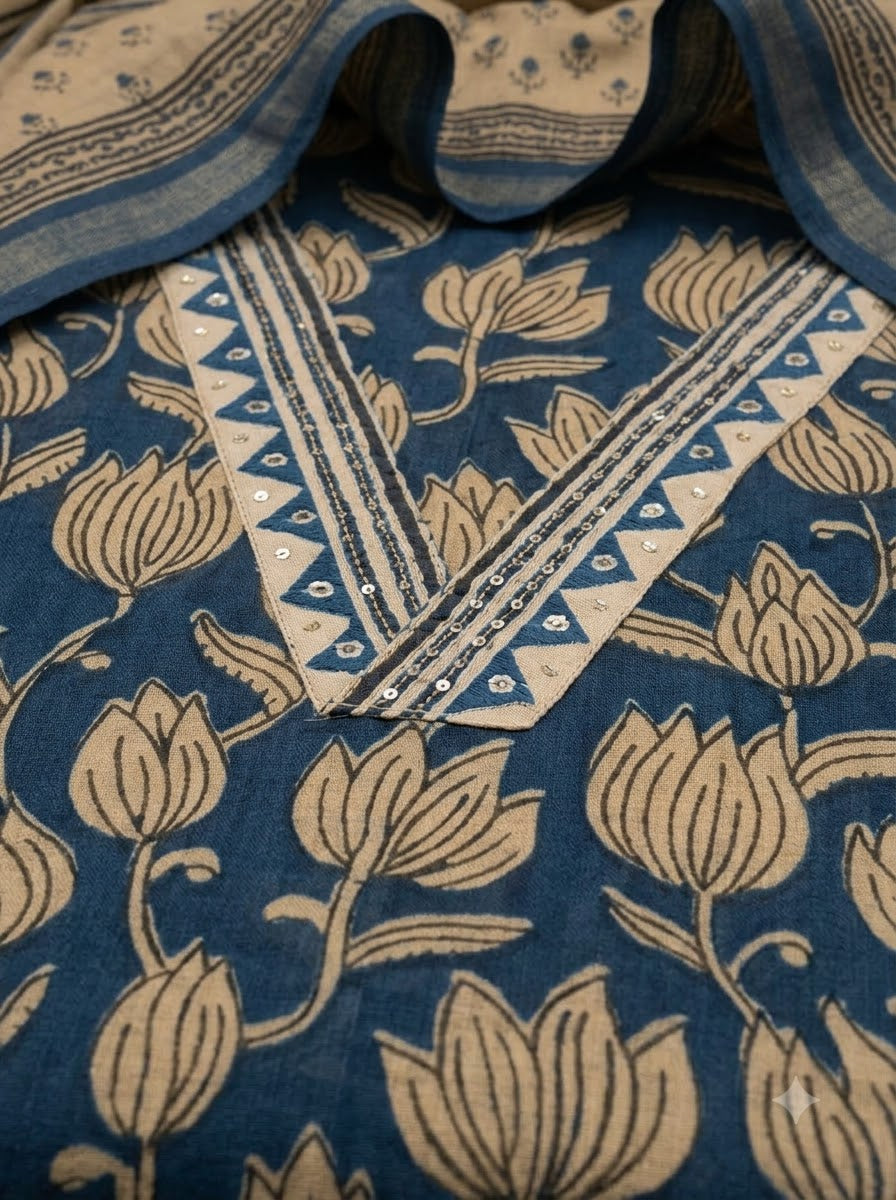 Blue Chanderi Printed Unstitched Dress Material