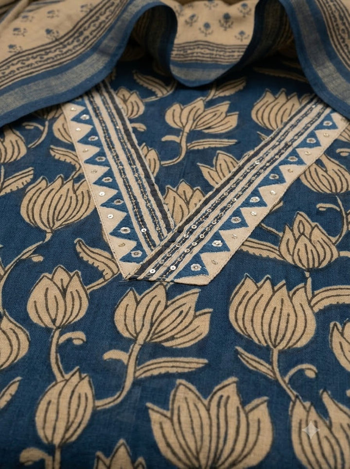 Blue Chanderi Printed Unstitched Dress Material