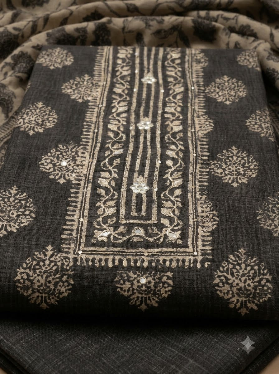 Grey Chanderi Embroidered Unstitched Dress Material