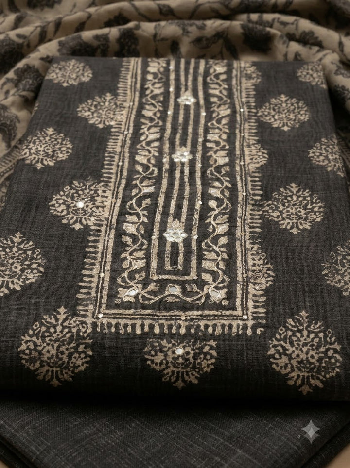 Grey Chanderi Embroidered Unstitched Dress Material