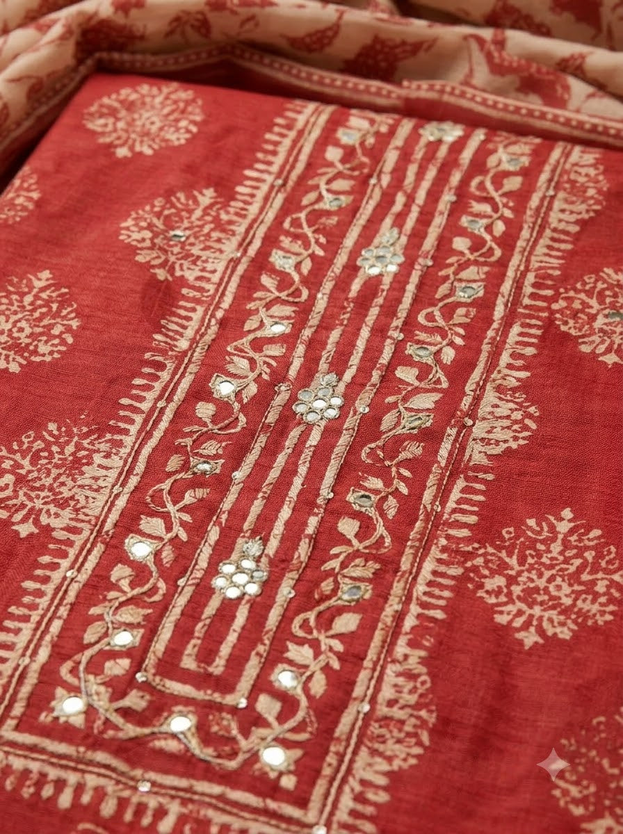 Hot Pink Chanderi Embroidered Unstitched Dress Material
