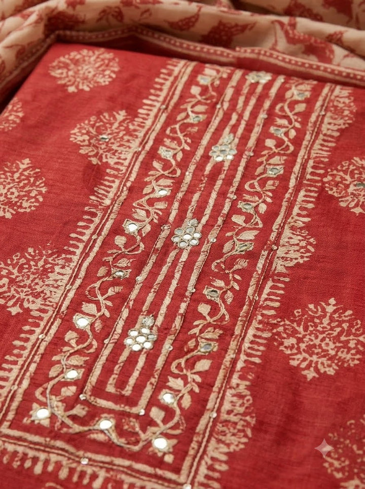 Hot Pink Chanderi Embroidered Unstitched Dress Material