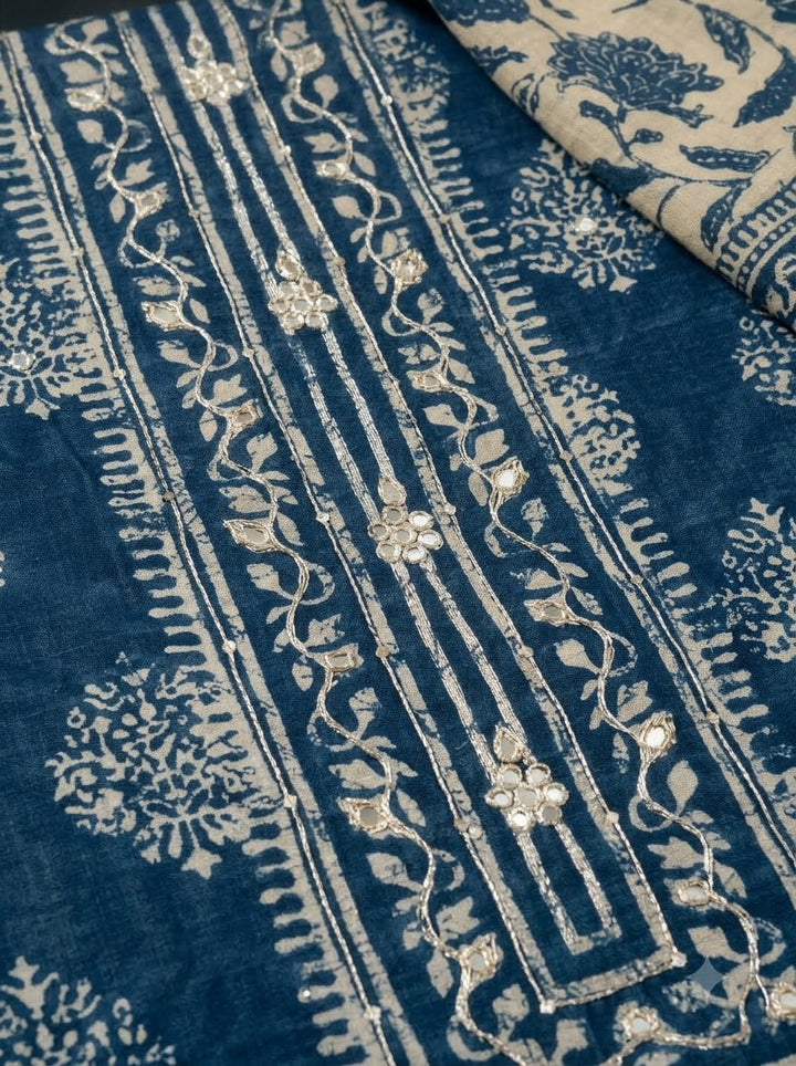 Navy Blue Chanderi Embroidered Unstitched Dress Material