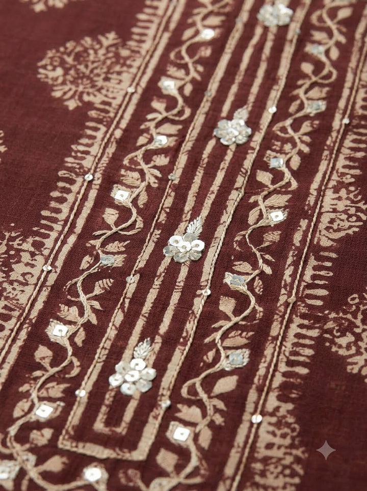 Maroon Chanderi Embroidered Unstitched Dress Material