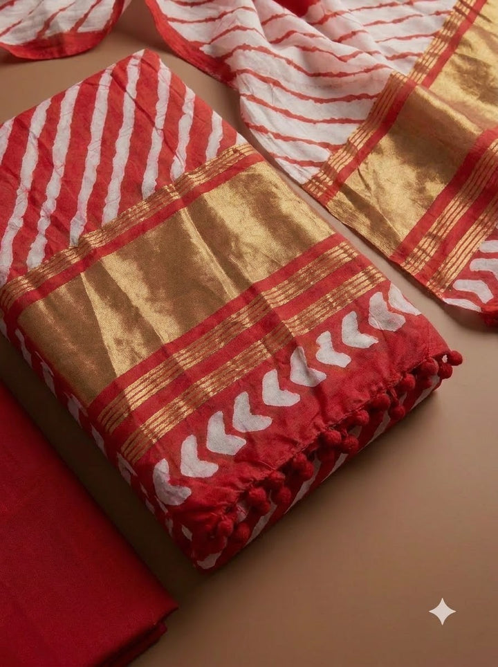 Red Cotton Blend Printed Unstitched Dress Material