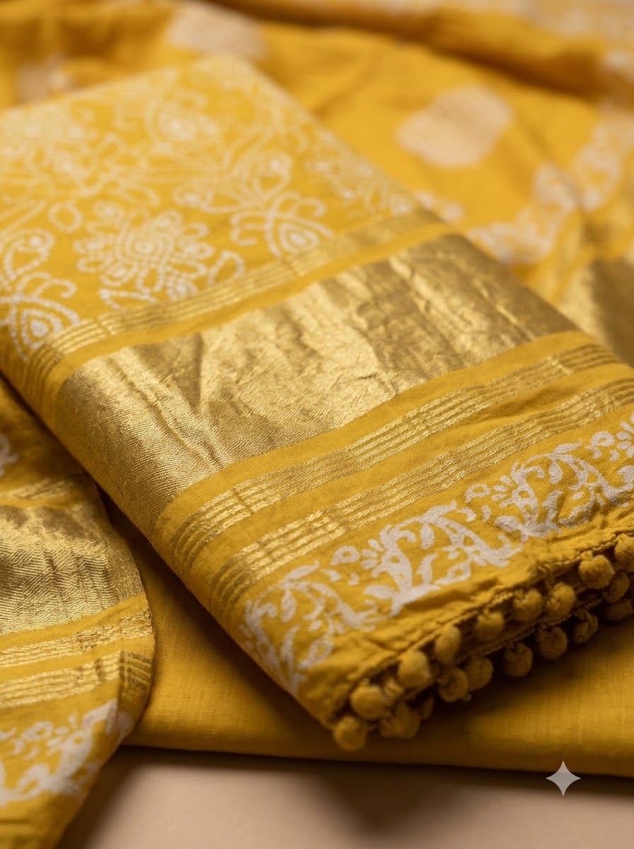 Yellow Cotton Blend Printed Unstitched Dress Material