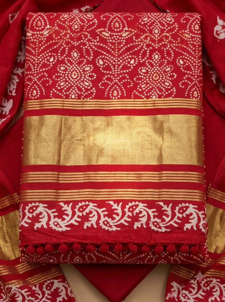 Red Cotton Blend Printed Unstitched Dress Material