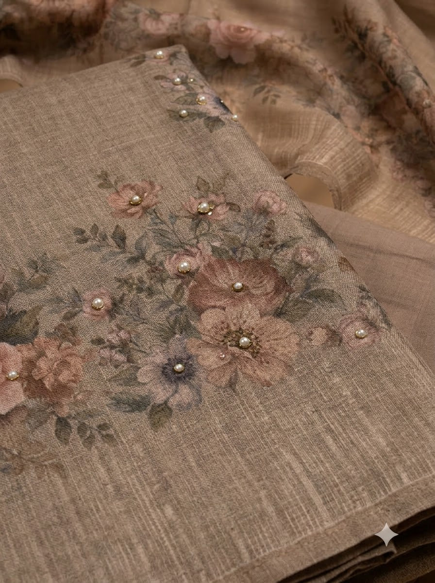 Beige Linen Blend Printed Unstitched Dress Material