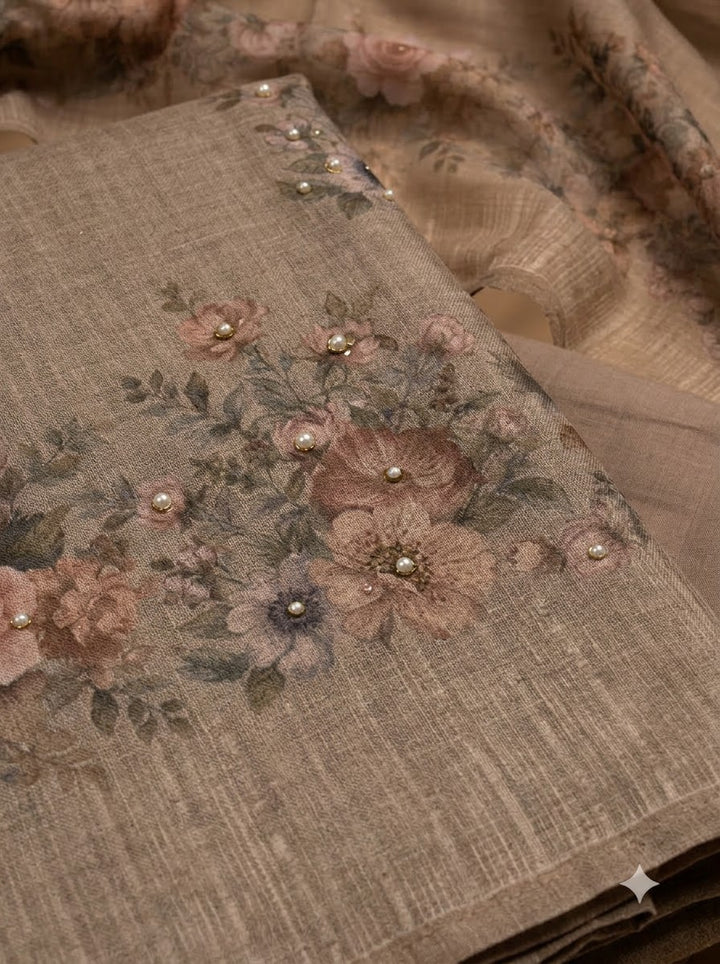 Beige Linen Blend Printed Unstitched Dress Material