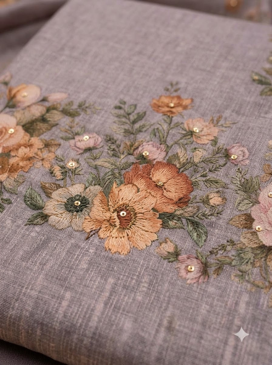 Mauve Linen Blend Printed Unstitched Dress Material