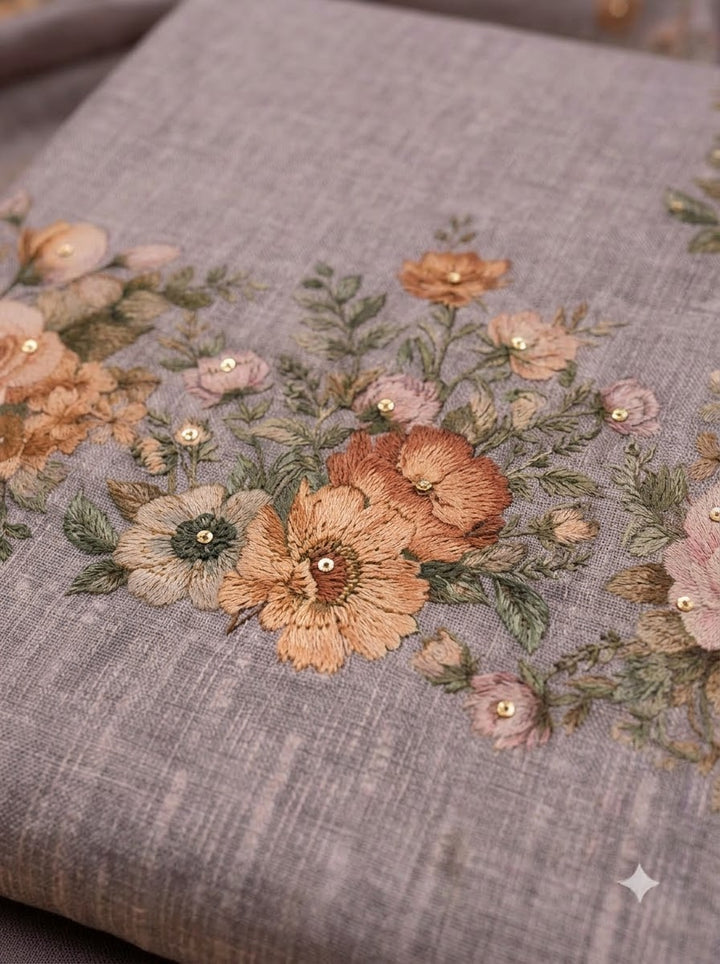 Mauve Linen Blend Printed Unstitched Dress Material