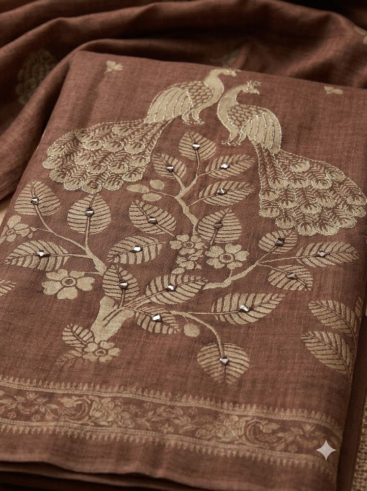 Brown Linen Blend Printed Unstitched Dress Material