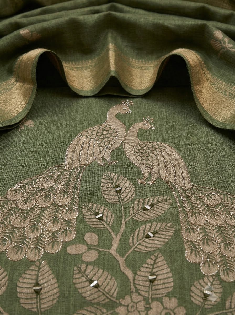 Green Linen Blend Printed Unstitched Dress Material