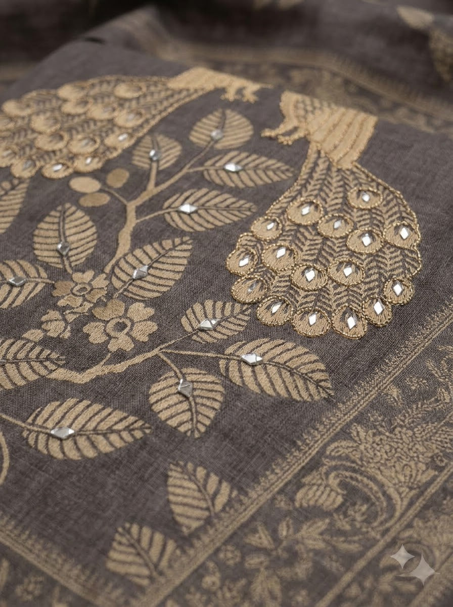 Grey Linen Blend Printed Unstitched Dress Material