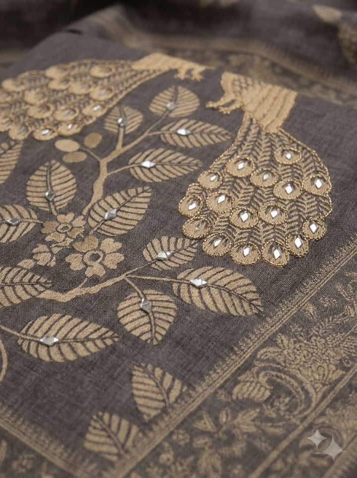Grey Linen Blend Printed Unstitched Dress Material