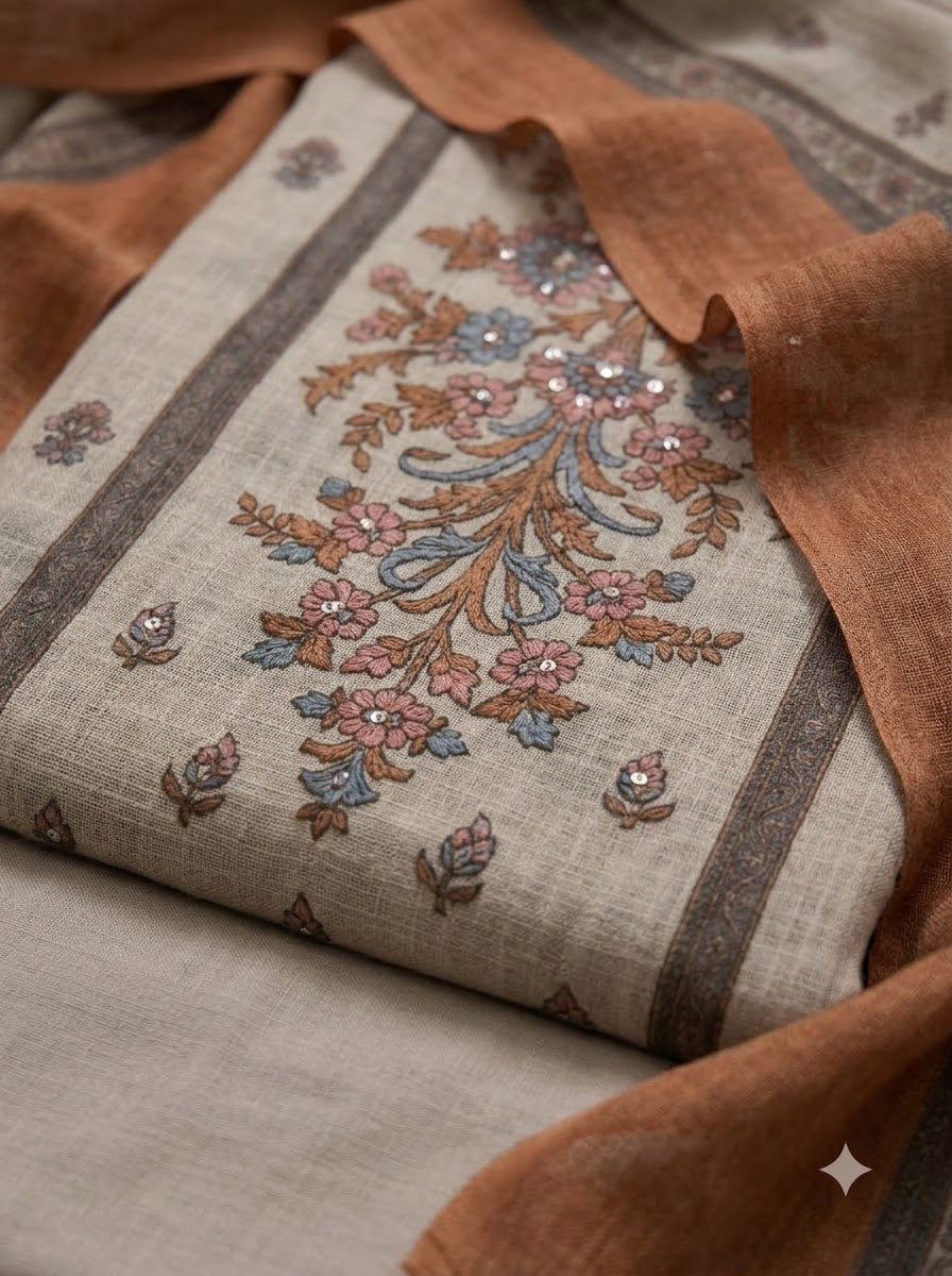 Rust Linen Blend Printed Unstitched Dress Material