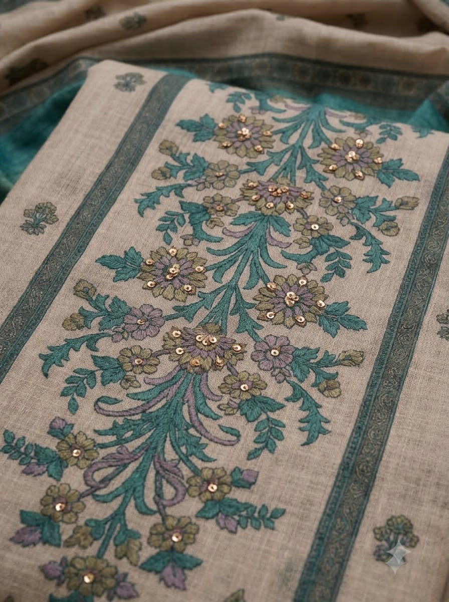 Rama Green Linen Blend Printed Unstitched Dress Material