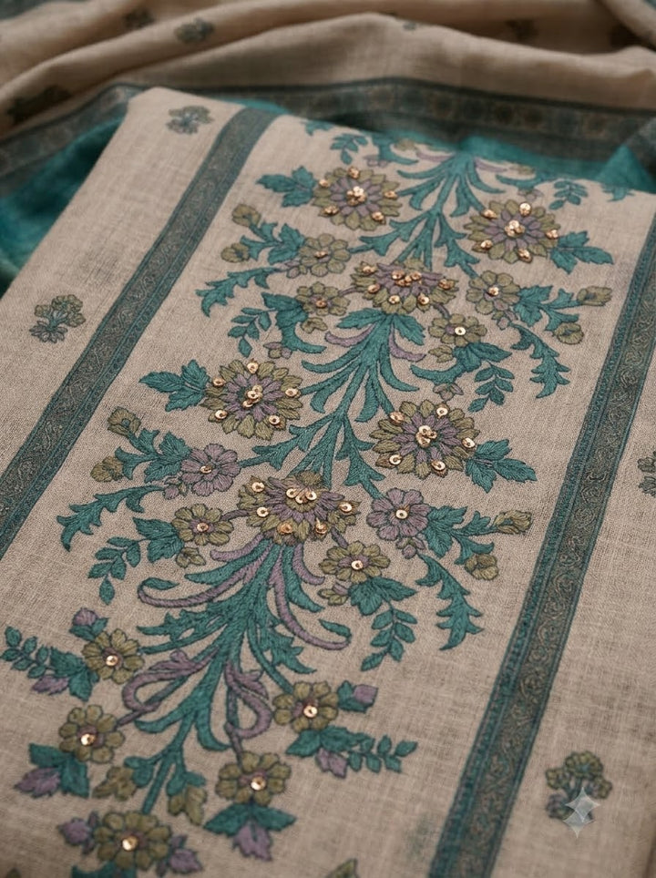 Rama Green Linen Blend Printed Unstitched Dress Material