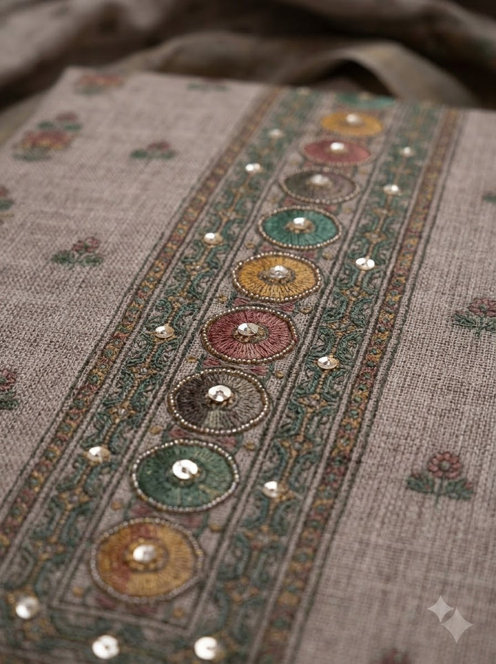 Beige Linen Blend Embroidered Unstitched Dress Material