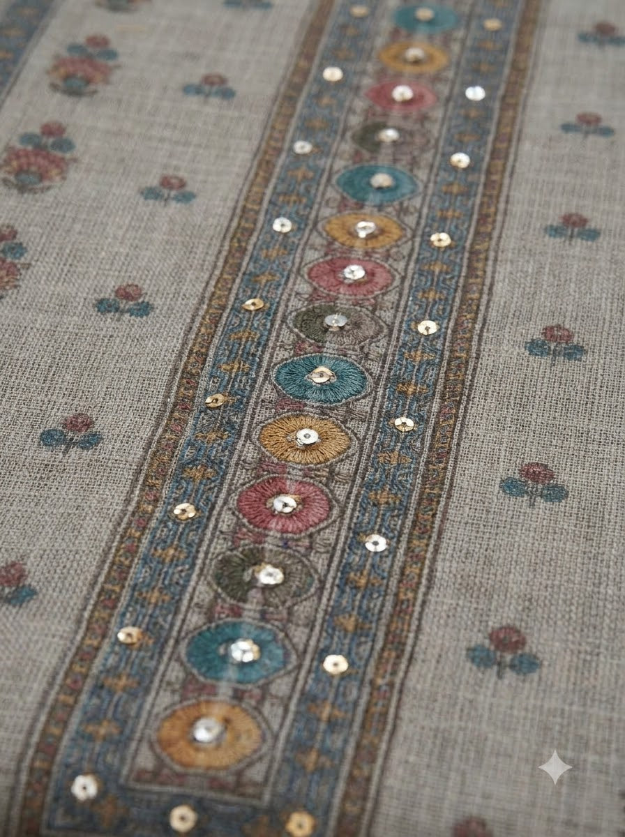Grey Linen Blend Embroidered Unstitched Dress Material