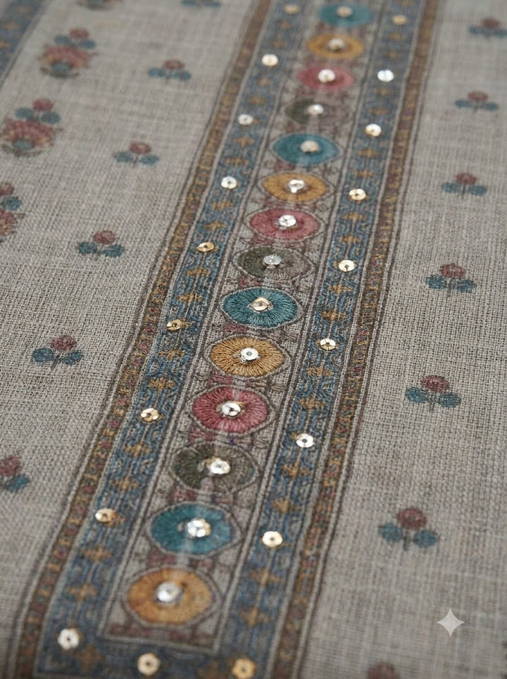 Grey Linen Blend Embroidered Unstitched Dress Material