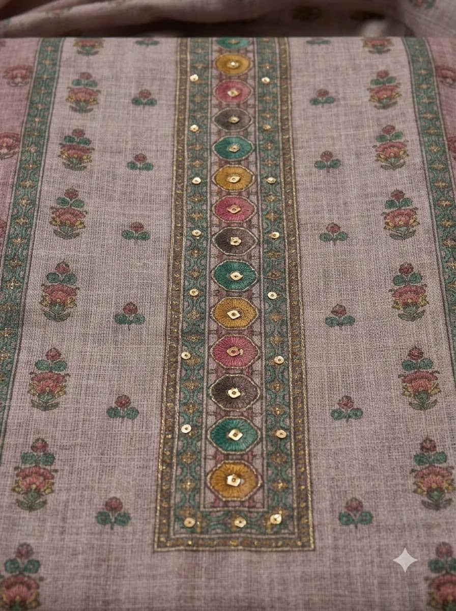 Onion Pink Linen Blend Embroidered Unstitched Dress Material