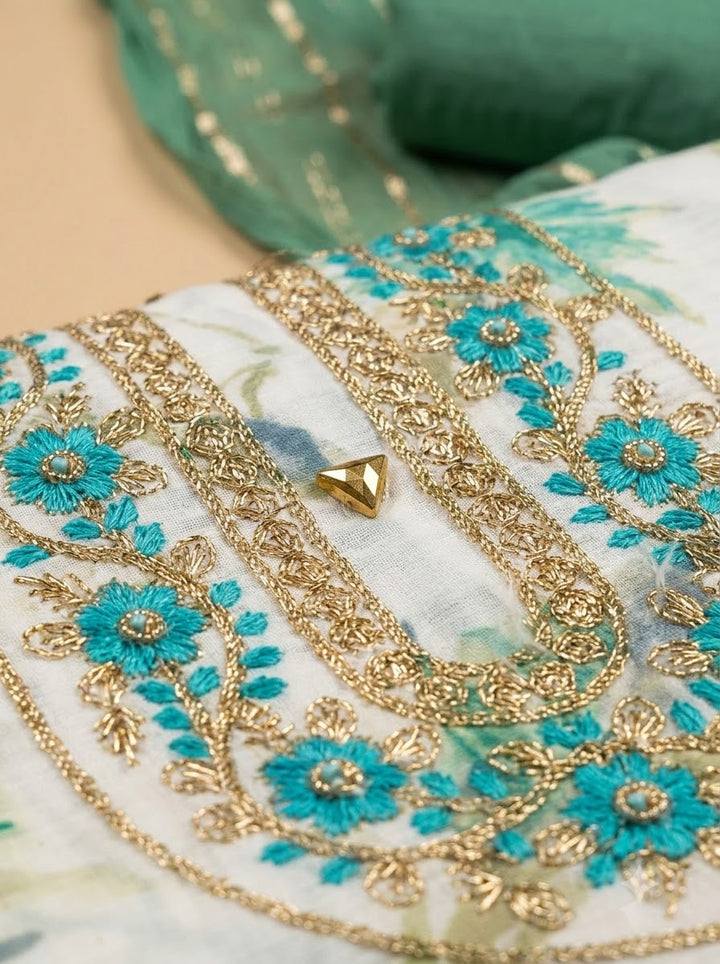 Green Cotton Blend Embroidered Unstitched Dress Material