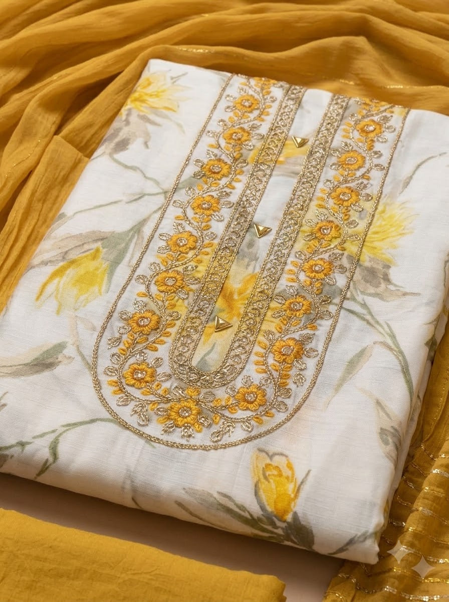 Mustard Cotton Blend Embroidered Unstitched Dress Material