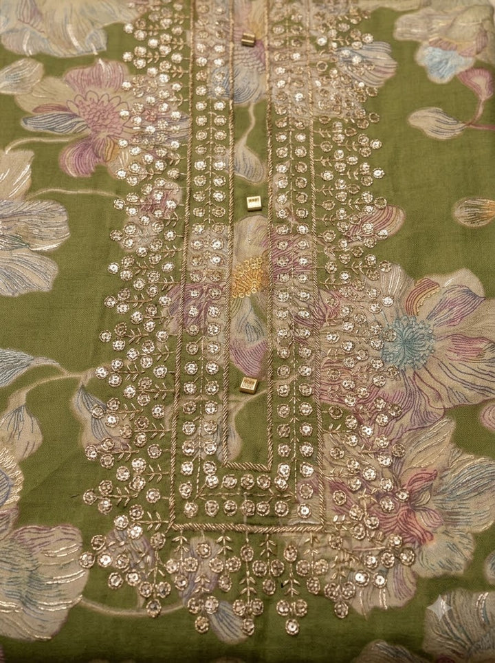 Green Cotton Blend Embroidered Unstitched Dress Material