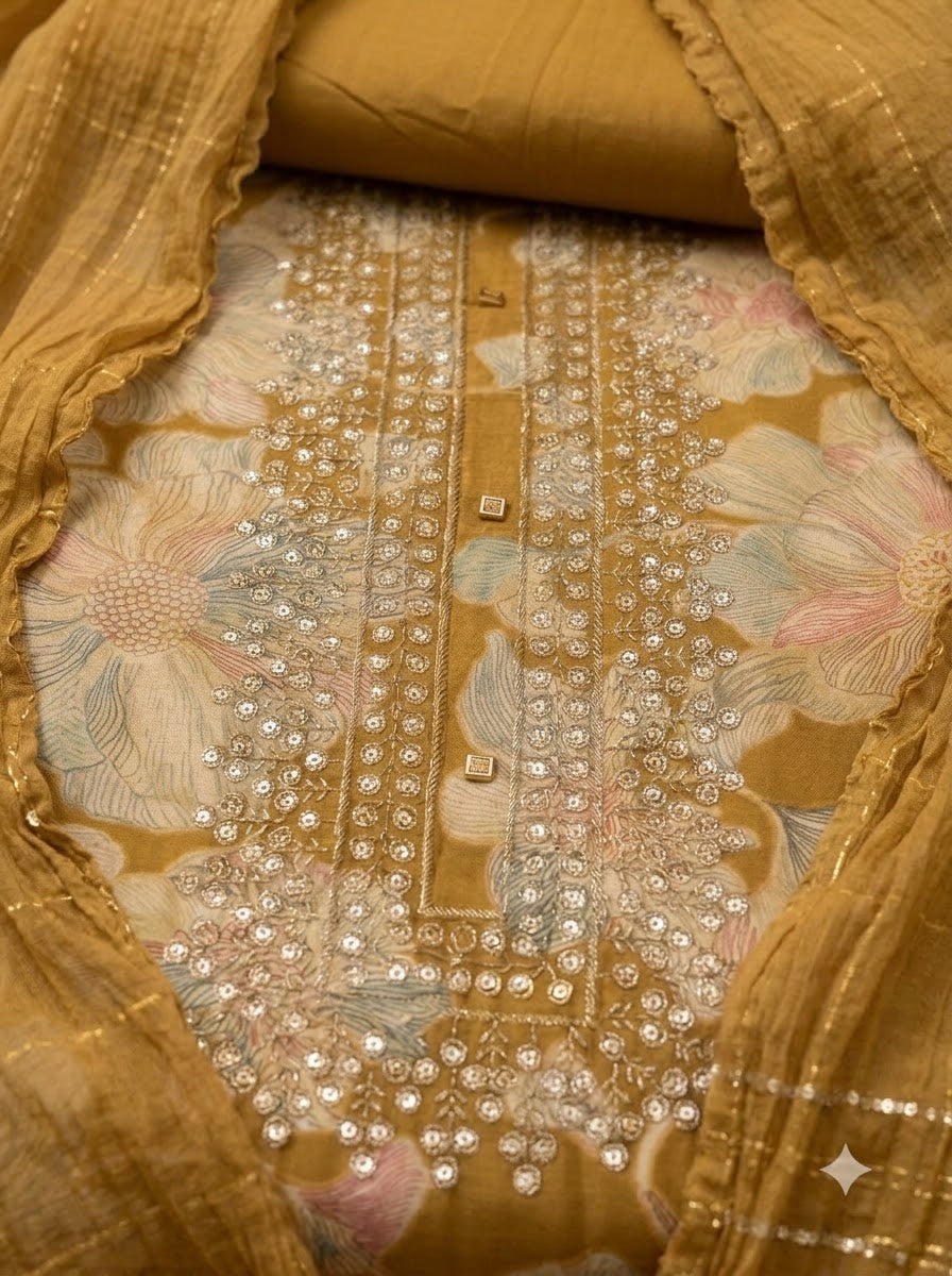 Mustard Cotton Blend Embroidered Unstitched Dress Material