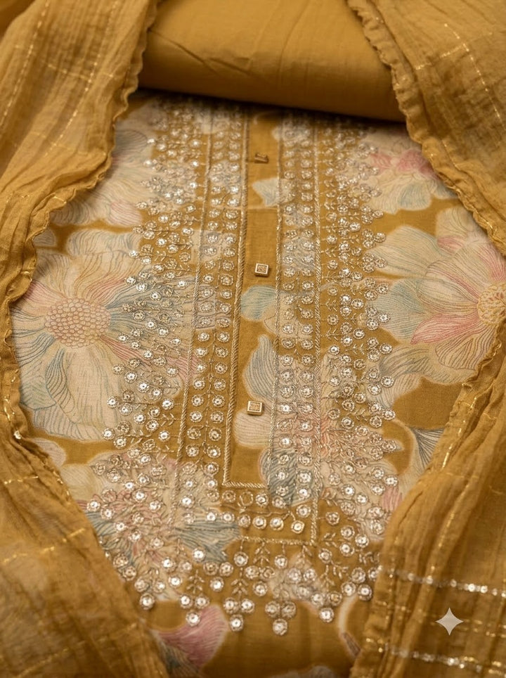 Mustard Cotton Blend Embroidered Unstitched Dress Material